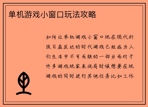 单机游戏小窗口玩法攻略